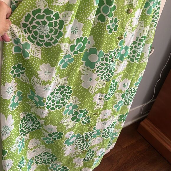 Vtg 60s Serbin of Florida Flower Power Green & White Button Front Maxi Dress - Picture 5 of 8